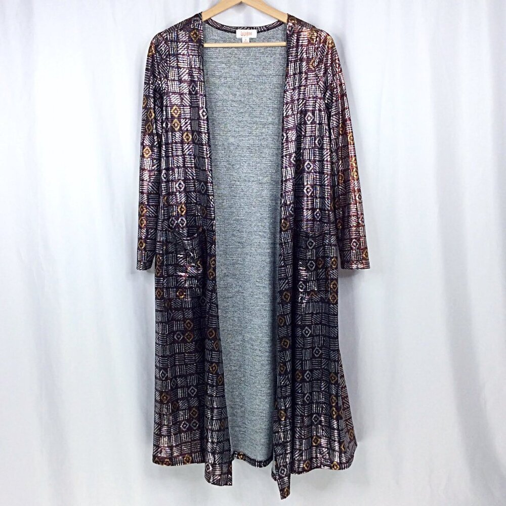 LuLaRoe Elegant Sarah Duster Cardigan Womens Size Small Burgundy Silver Metallic